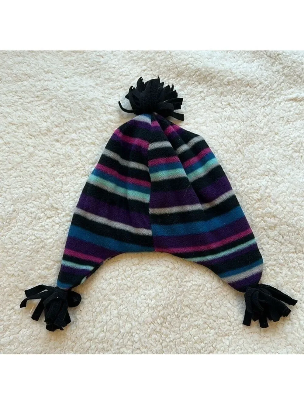 Girls Black, Blue, Pink, Purple, Teal and Grey Striped Ear Flap Winter Beanie
